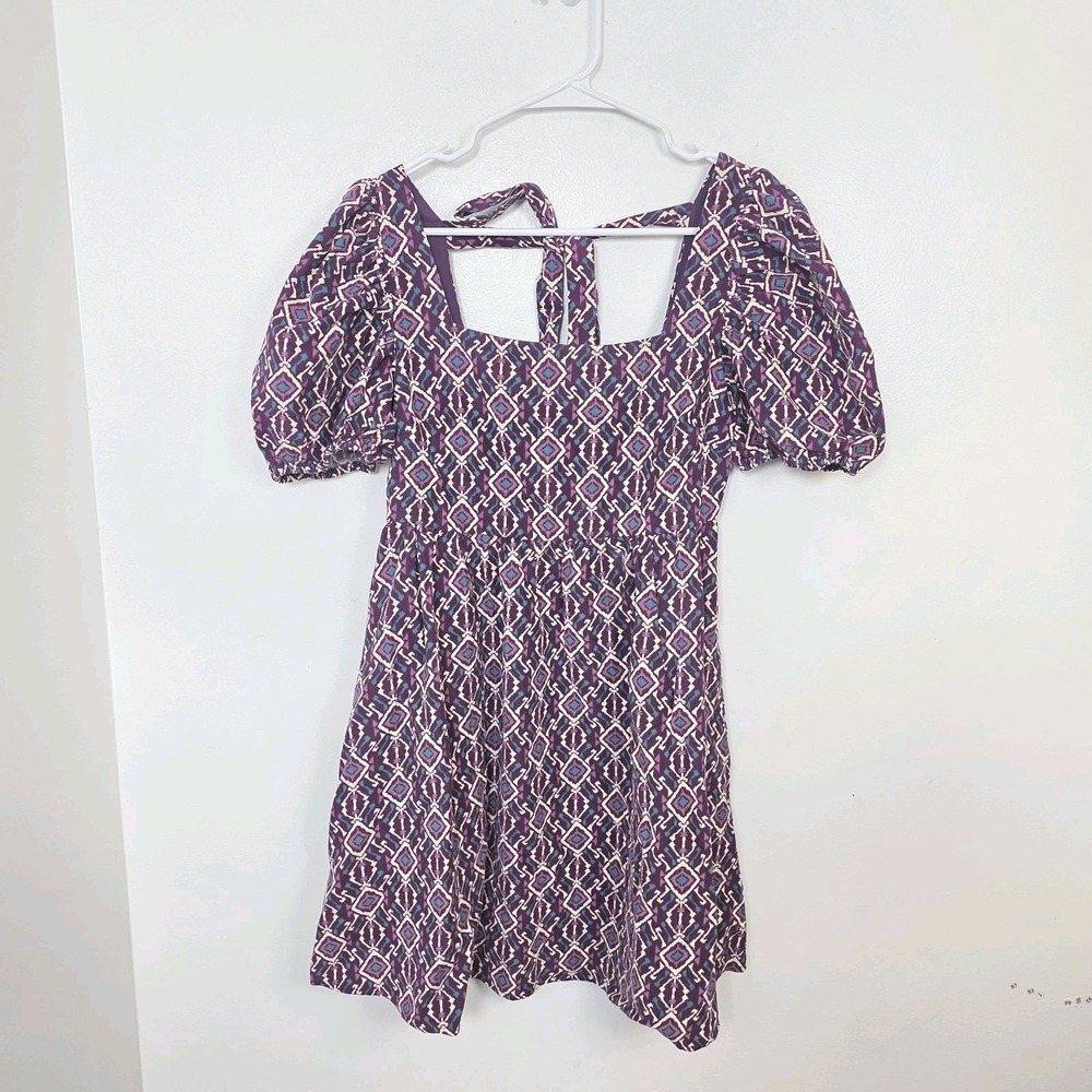 Jacquie Purple White Patterned Abstract Corduroy Puff Sleeve Mini Dress Size S